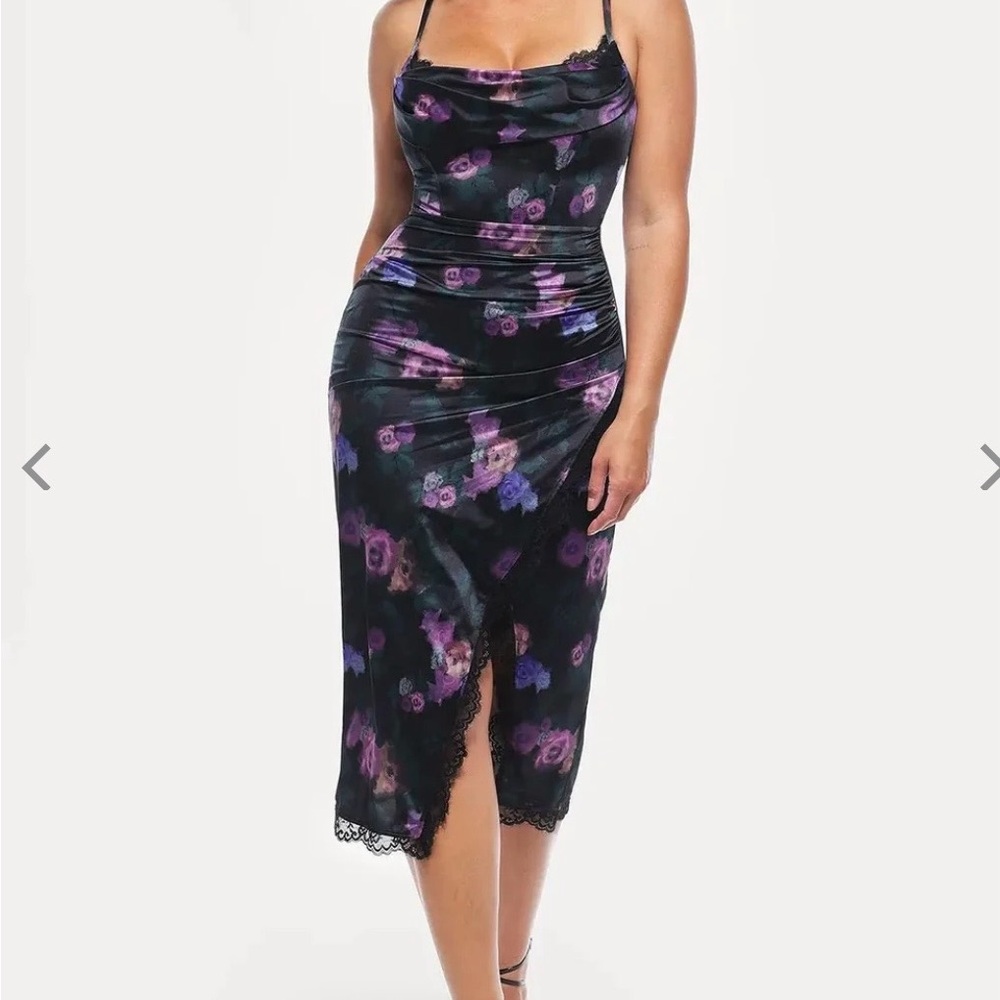 Black Floral Satin Midi Dress with Purple Accents